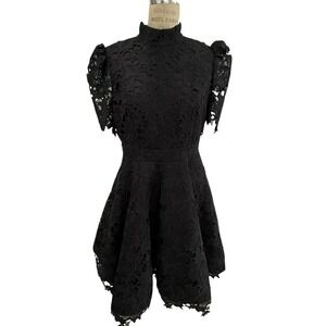 Leo Lin Mini Dress Womens 10 Elise Black Floral Lace Mock Neck Puff Sleeves